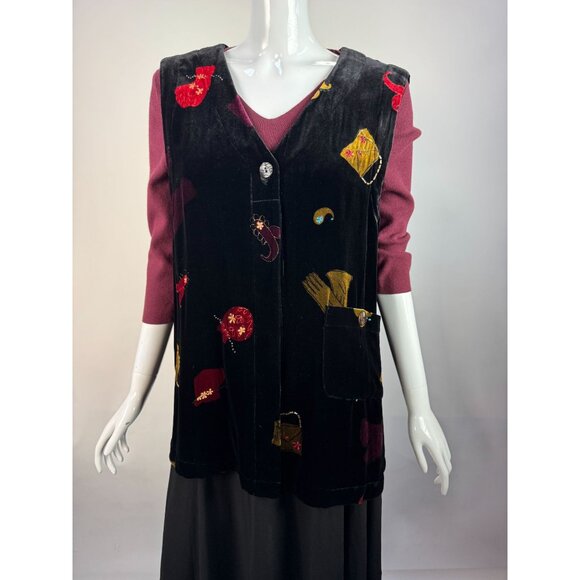 Vintage David Dart Collection Embroidered Velvet Vest Black Pink Whimsical Art W - Picture 8 of 16